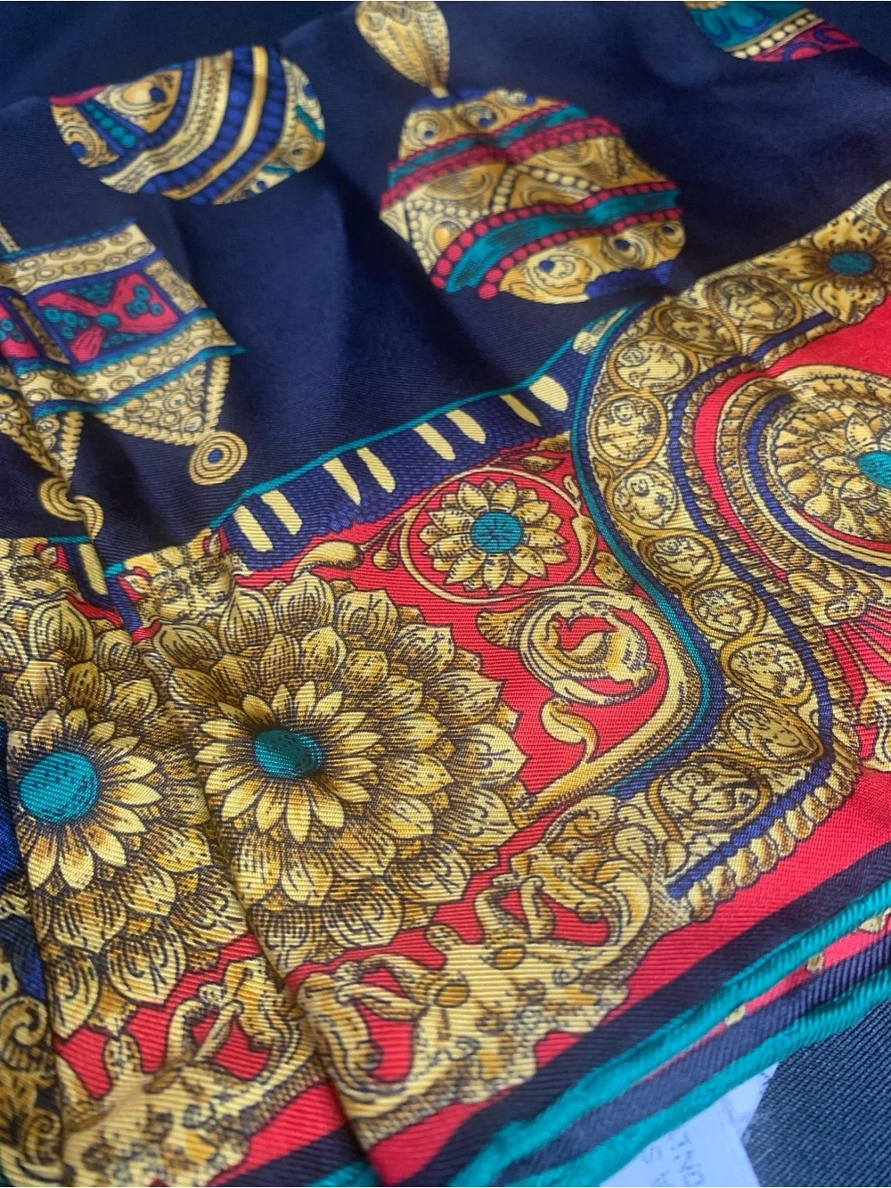 Dior Red, Gold & Teal Baroque Silk Scarf
